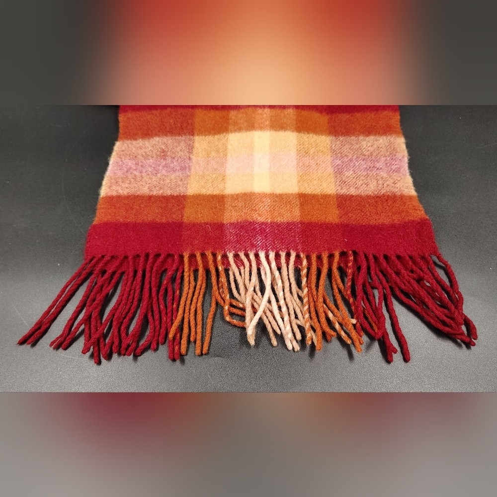 Checked Fringe Scarf in Red and Orange Men's Womens Unisex - Picture 3 of 10